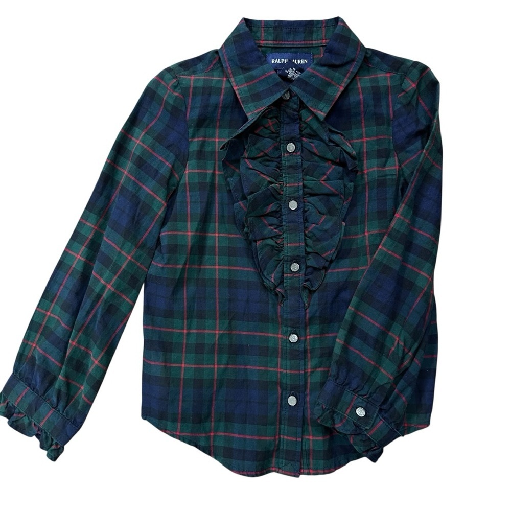 Ralph Lauren Blue Green Plaid Ruffle Trim Georgette Blouse Button Down Sz 4T